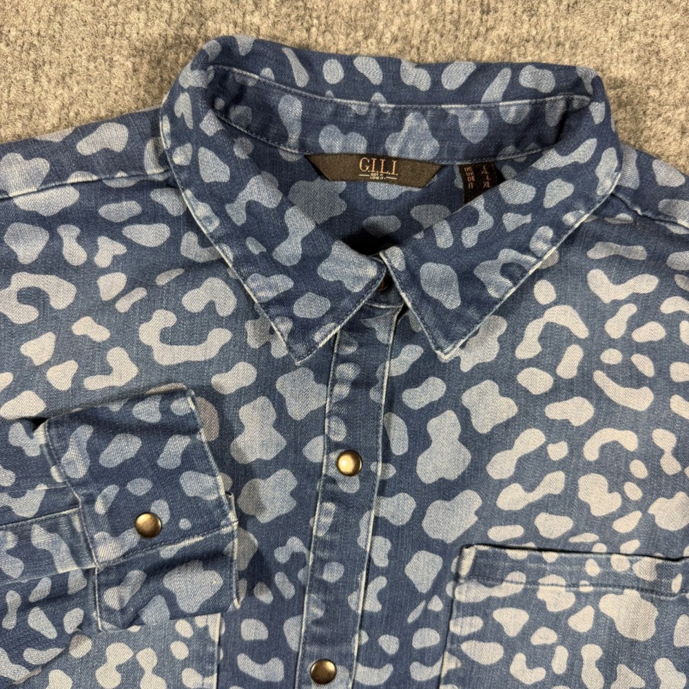 G.I.L.I.‎ Womens Animal Print Denim Shirt Jacket XL Blue Snap Front Shacket EUC